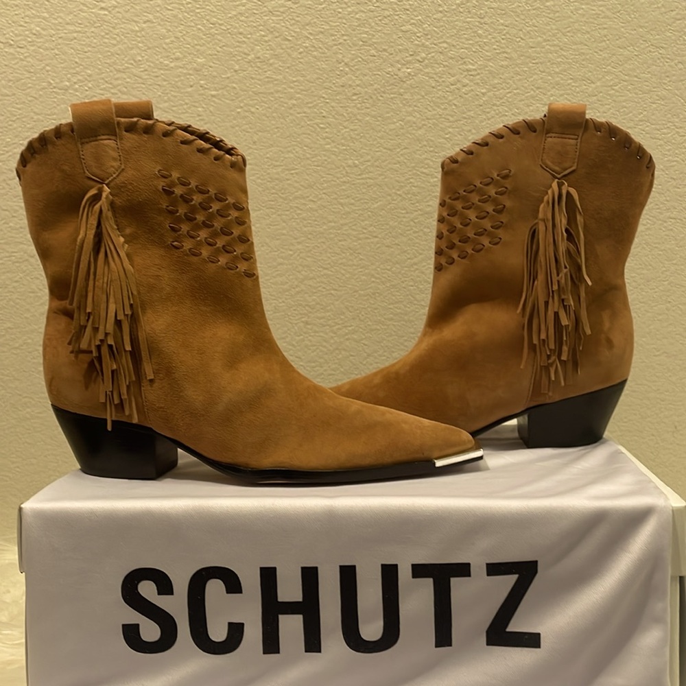 Schutz Alexxa Western Fringe Suede Cowboy Boots Brown Size 7.5 NWT - Picture 7 of 15